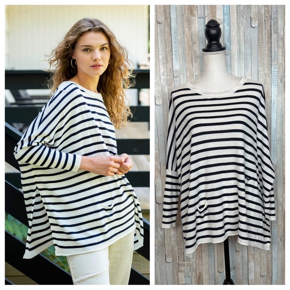 mersea Sweaters - Mersea OS Navy Stripe Knit Catalina Sweater Pullover Oversize Poncho Top Coastal